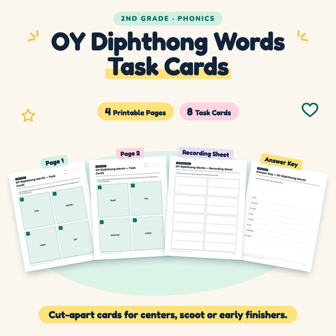 8 OY Diphthong Words Task Cards — cover
