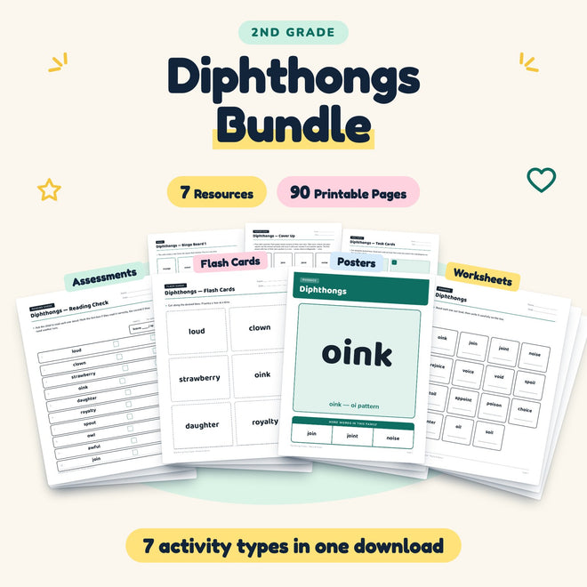 Diphthongs Bundle | 2nd Grade (7 Resources, 56 Pages) — cover