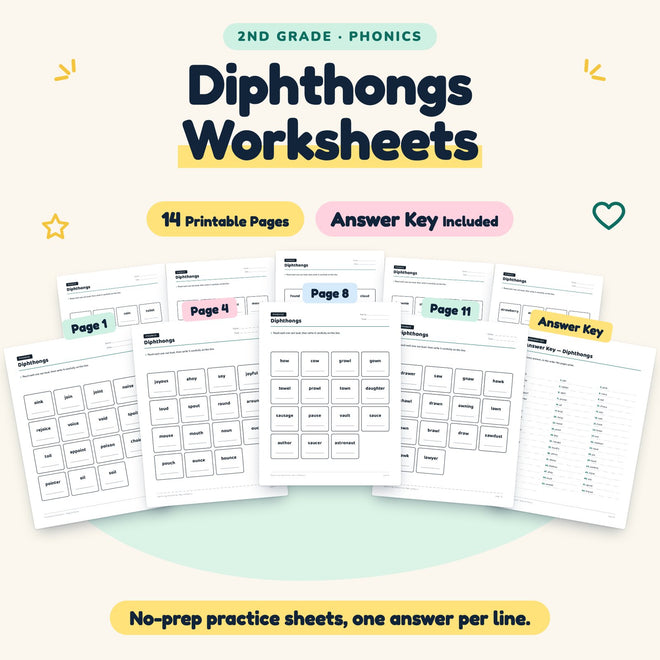 Diphthongs Worksheets | 2nd Grade Phonics (5 Pages) — cover
