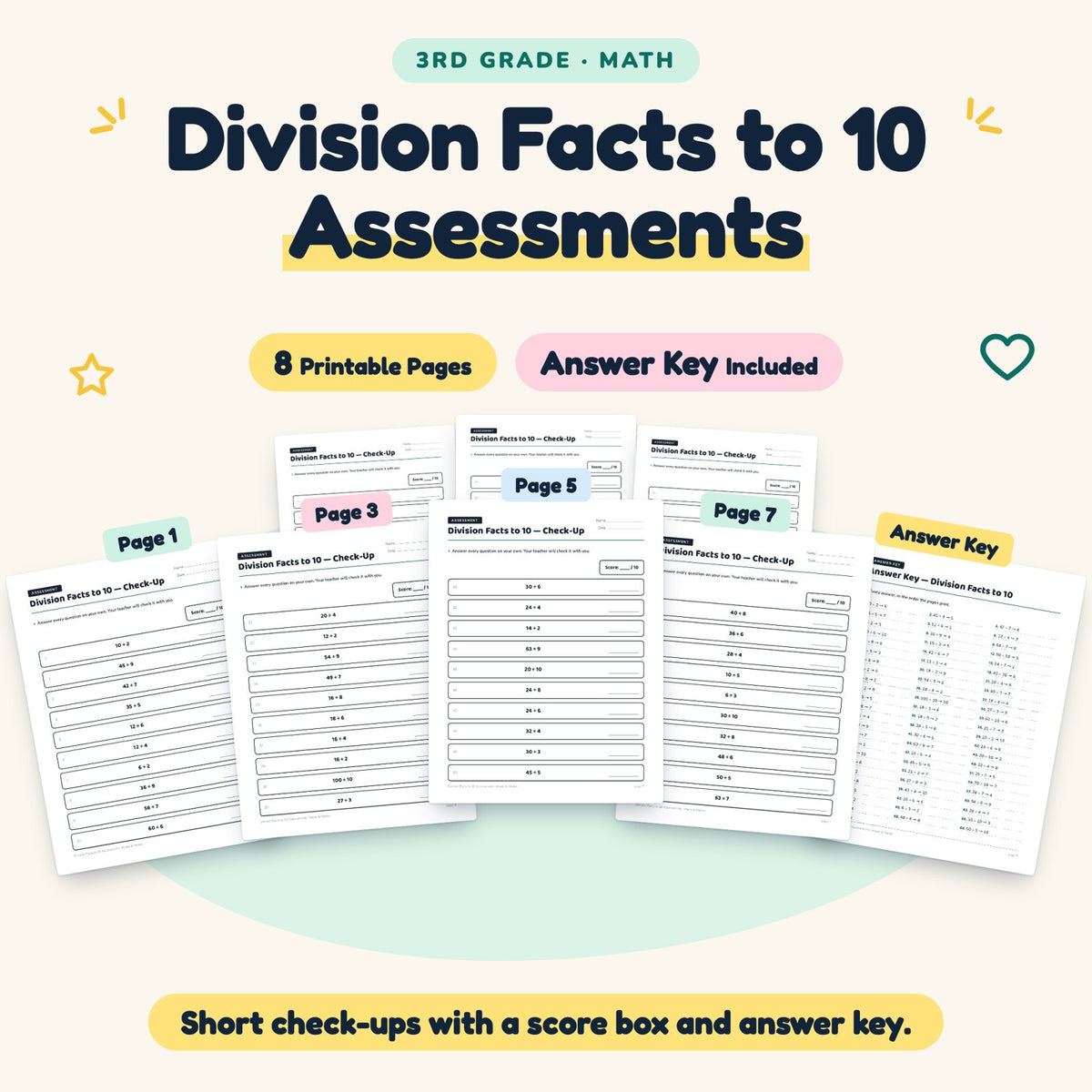 Division Facts to 10 Assessments | 3rd Grade Math (7 Pages) — cover