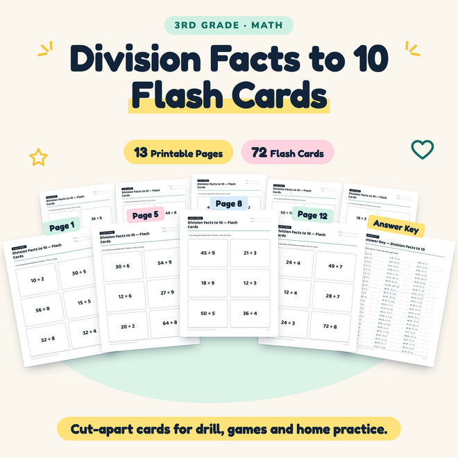 72 Division Facts to 10 Flash Cards — cover