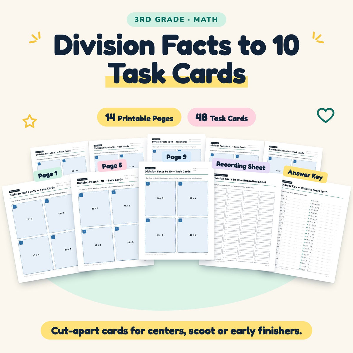 Division Facts to 10 Task Cards | 3rd Grade Math (48 Cards) — cover