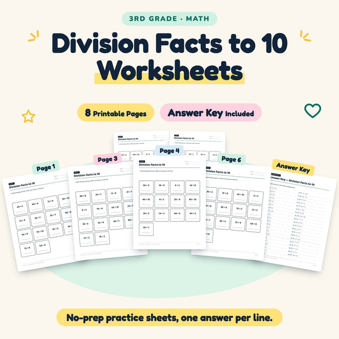 8 Division Facts to 10 Worksheets — cover