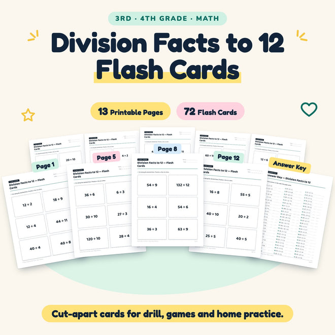 Division Facts to 12 Flash Cards | 3rd–4th Grade (72 Cards) — cover