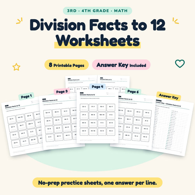 8 Division Facts to 12 Worksheets — cover