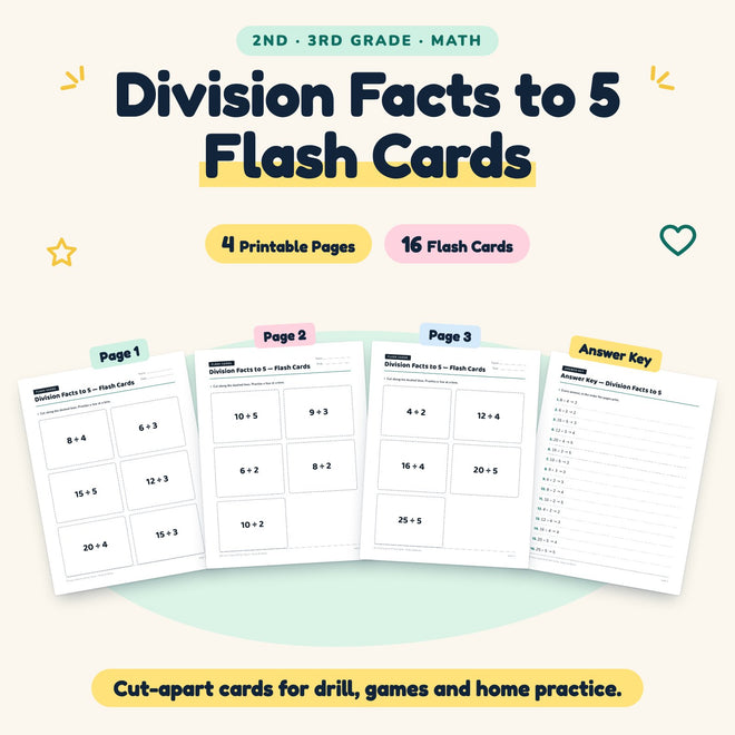 Division Facts to 5 Flash Cards | 2nd–3rd Grade (16 Cards) — cover