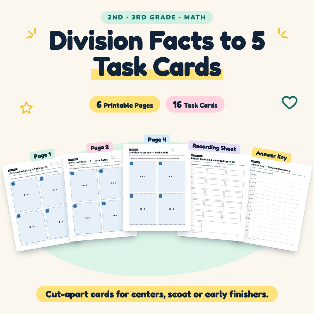16 Division Facts to 5 Task Cards — cover
