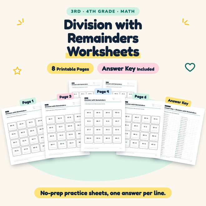 8 Division with Remainders Worksheets — cover