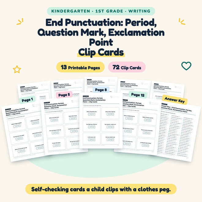 End Punctuation Clip Cards | K–1st Grade Grammar (34 Cards) — cover
