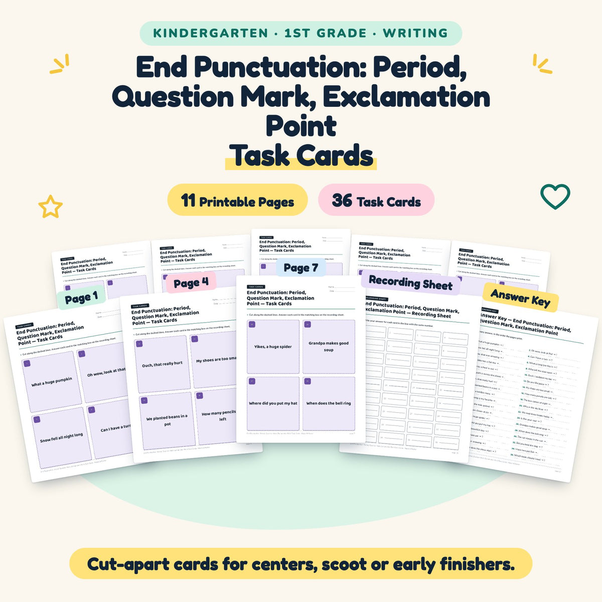 36 End Punctuation: Period, Question Mark, Exclamation Point Task Cards — cover