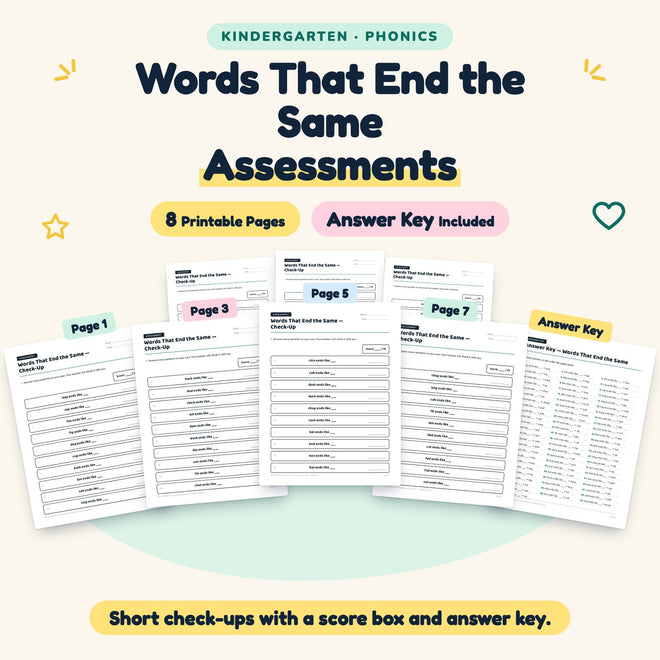Words That End the Same Assessments | Kindergarten (7 Pages) — cover