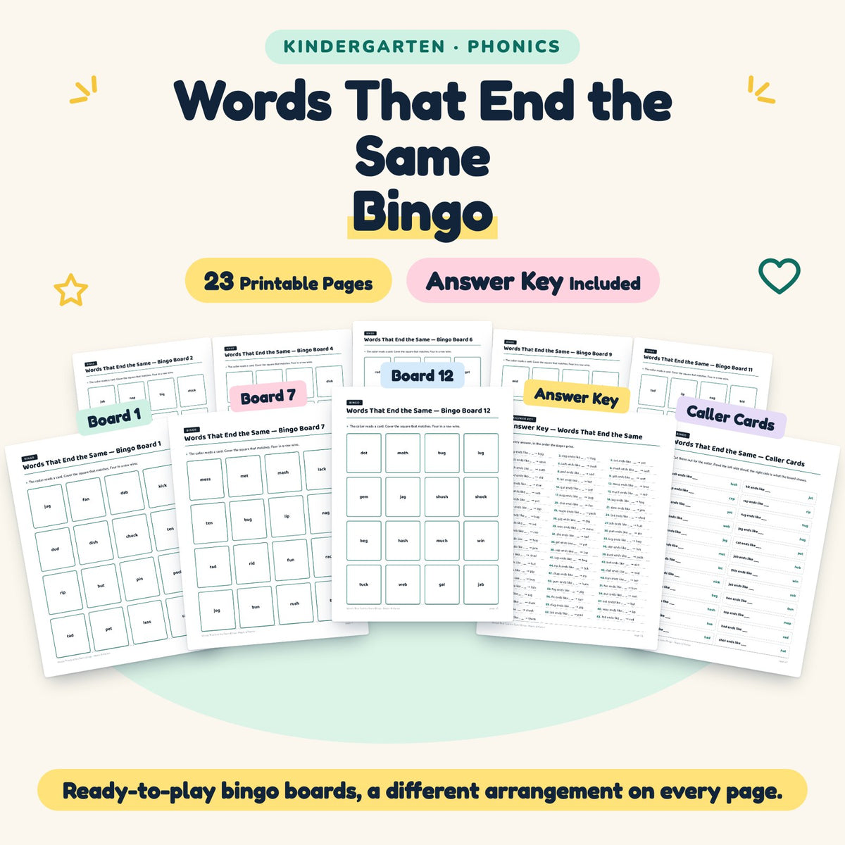 Words That End the Same Bingo | Kindergarten (19 Pages) — cover