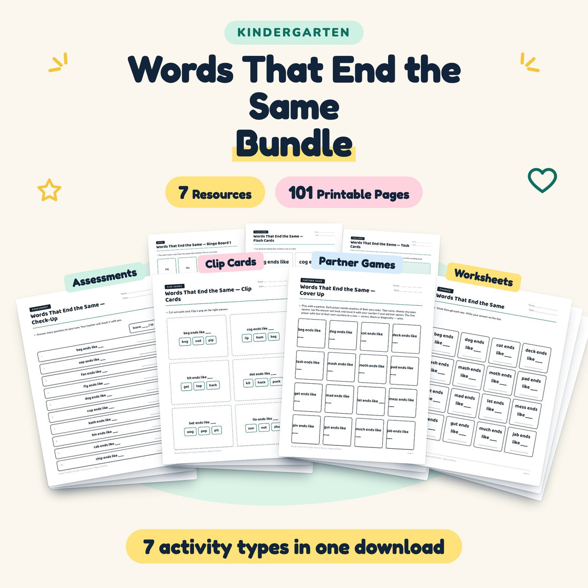 Words That End the Same Bundle | Kindergarten (7 Resources) — cover