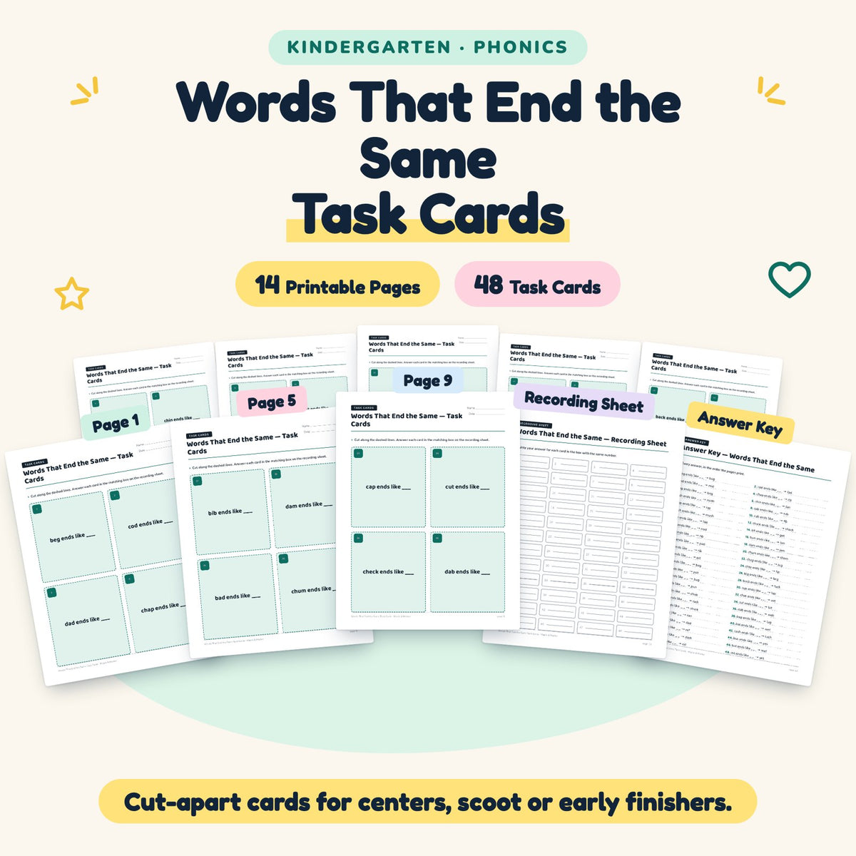 Words That End the Same Task Cards | Kindergarten (48 Cards) — cover