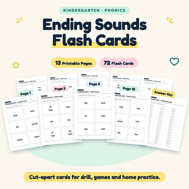 Ending Sounds Flash Cards | Kindergarten Phonics (72 Cards) — cover