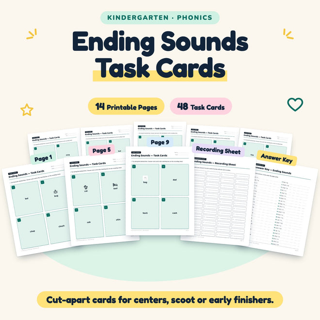 Ending Sounds Task Cards | Kindergarten Phonics (48 Cards) — cover