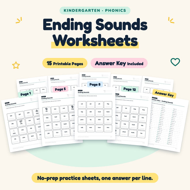 Ending Sounds Worksheets | Kindergarten Phonics (14 Pages) — cover