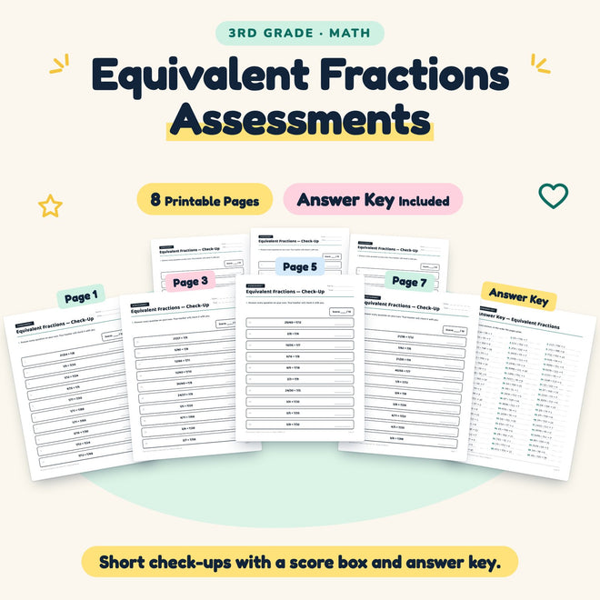 Equivalent Fractions Assessments | 3rd Grade Math (7 Pages) — cover