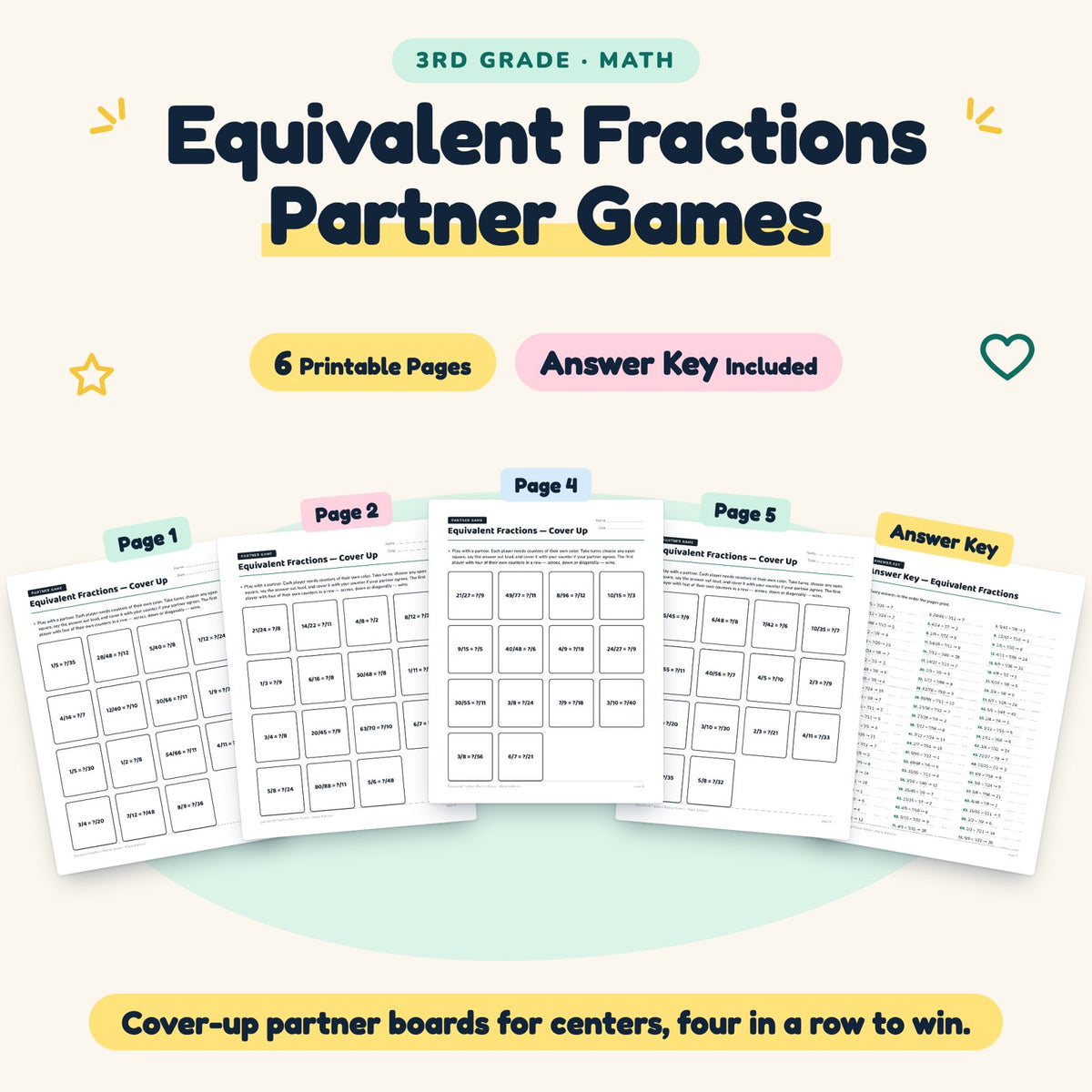 6 Equivalent Fractions Partner Games — cover
