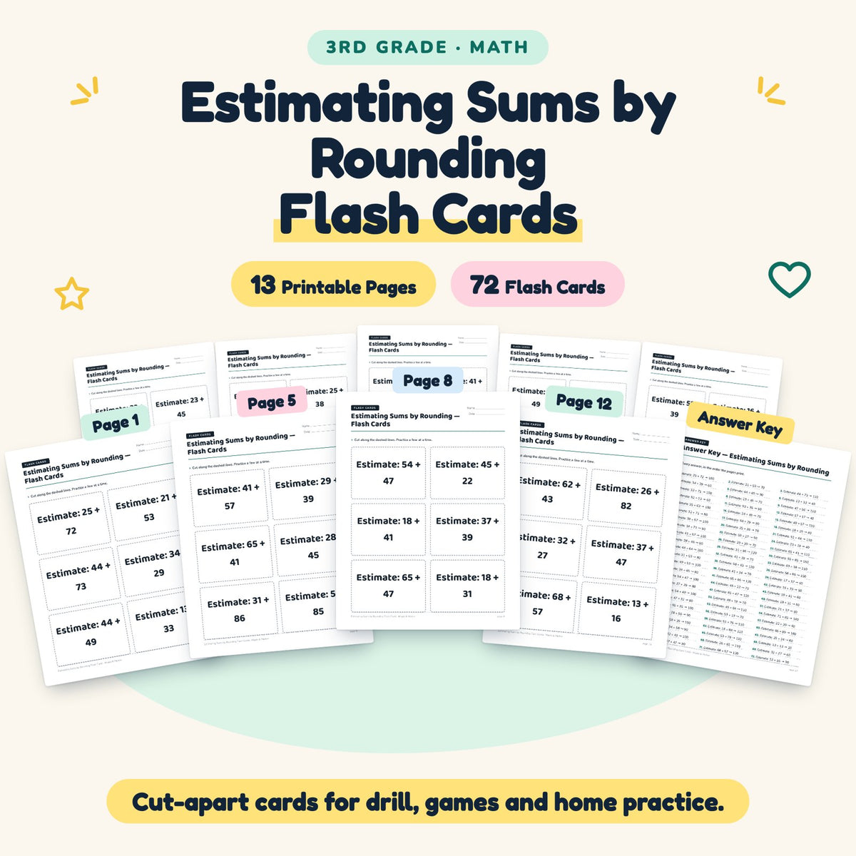 72 Estimating Sums by Rounding Flash Cards — cover