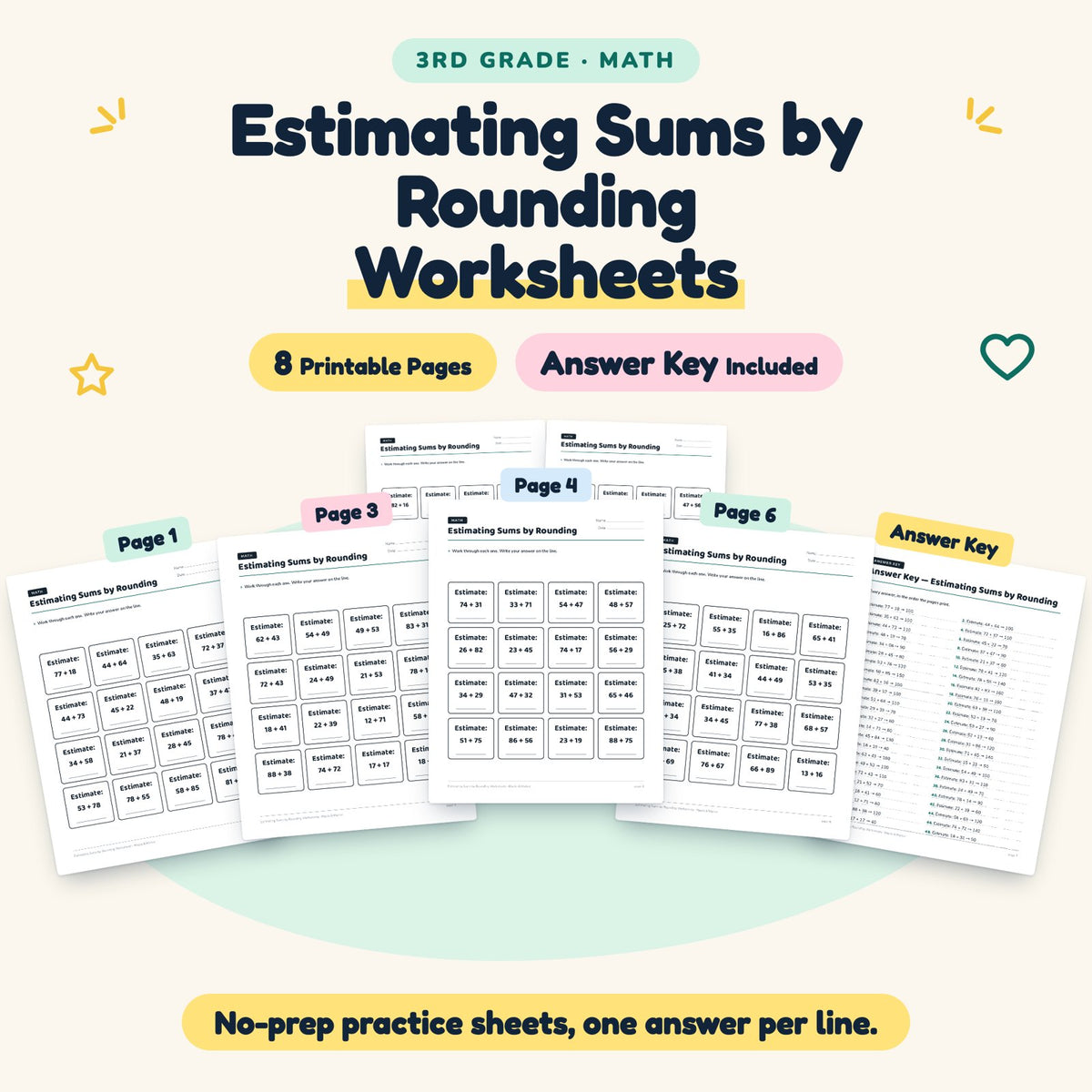 8 Estimating Sums by Rounding Worksheets — cover