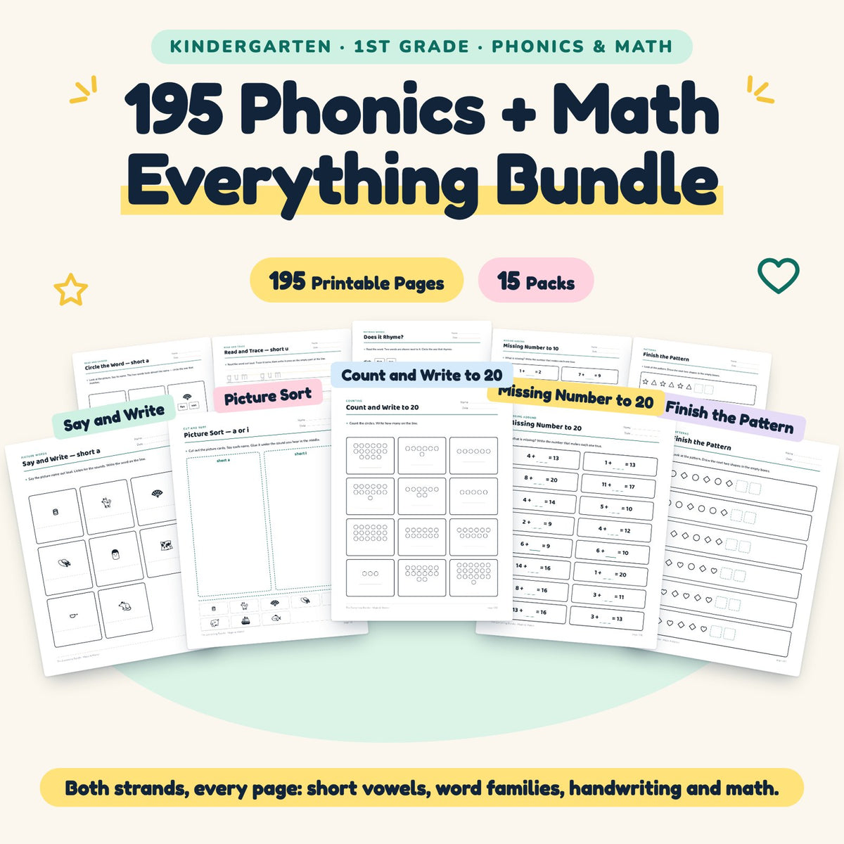 195 K-1 Phonics and Math Worksheets - THE EVERYTHING BUNDLE — cover