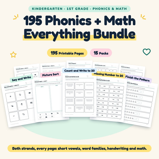 195 K-1 Phonics and Math Worksheets - THE EVERYTHING BUNDLE — cover