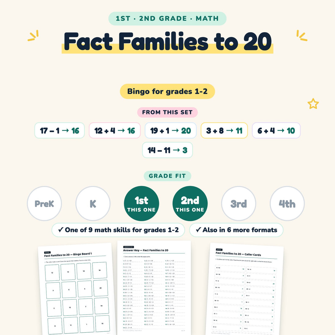 Fact Families to 20: skill and grade fit
