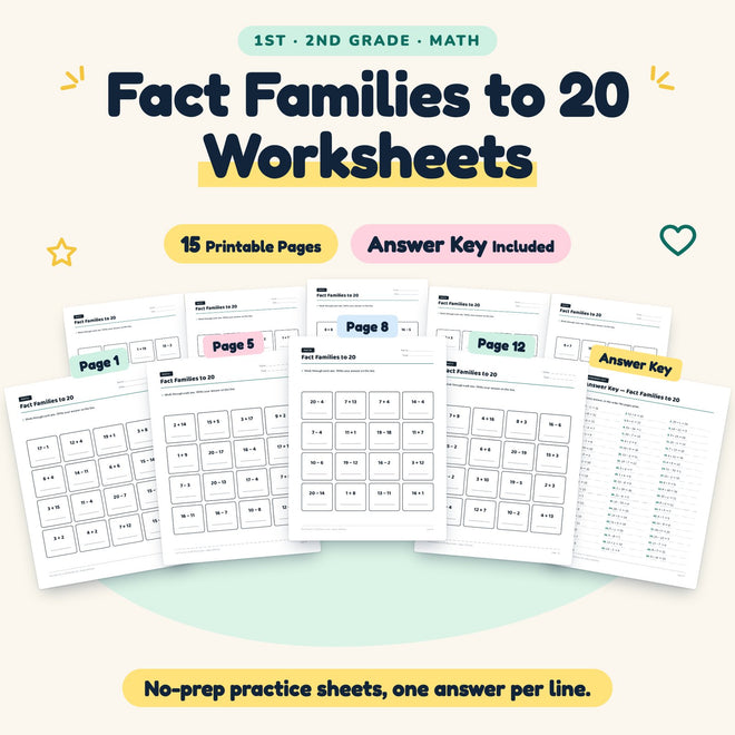 Fact Families to 20 Worksheets | 1st–2nd Grade (15 Pages) — cover