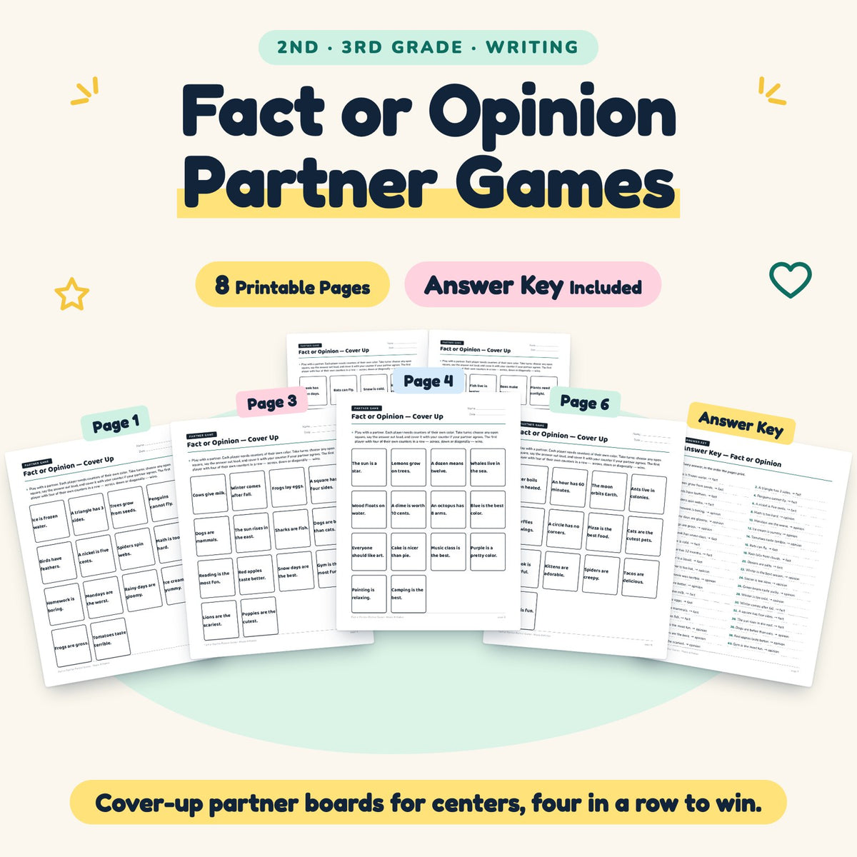 Fact or Opinion Partner Games | 2nd–3rd Grade (4 Pages) — cover