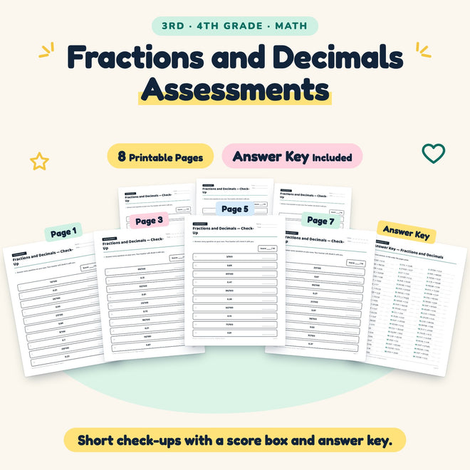 Fractions and Decimals Assessments | 3rd–4th Grade (7 Pages) — cover