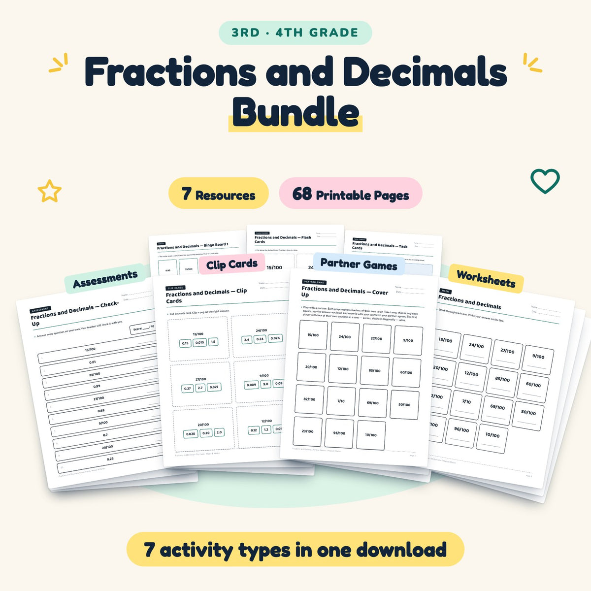 Fractions and Decimals Bundle | 3rd–4th Grade (7 Resources) — cover