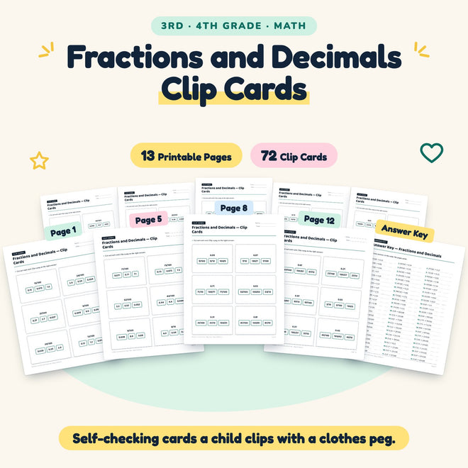 72 Fractions and Decimals Clip Cards — cover