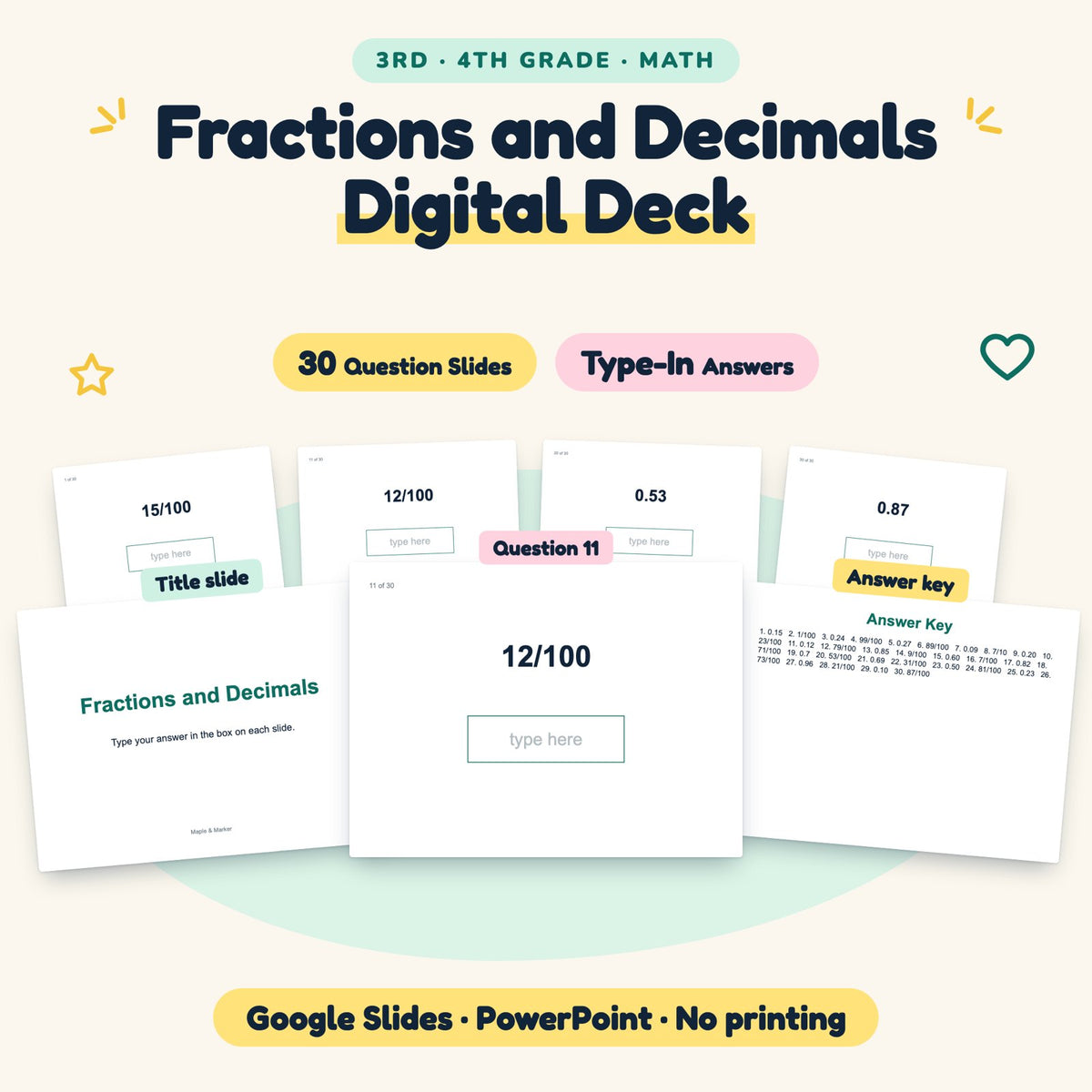 30 Question Fractions and Decimals Digital Deck — cover