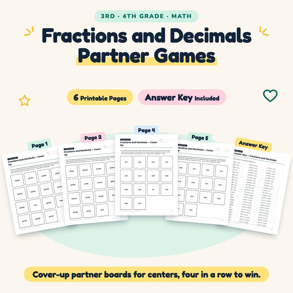 6 Fractions and Decimals Partner Games — cover