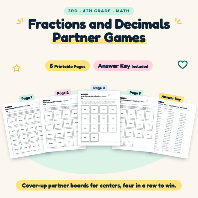 6 Fractions and Decimals Partner Games — cover