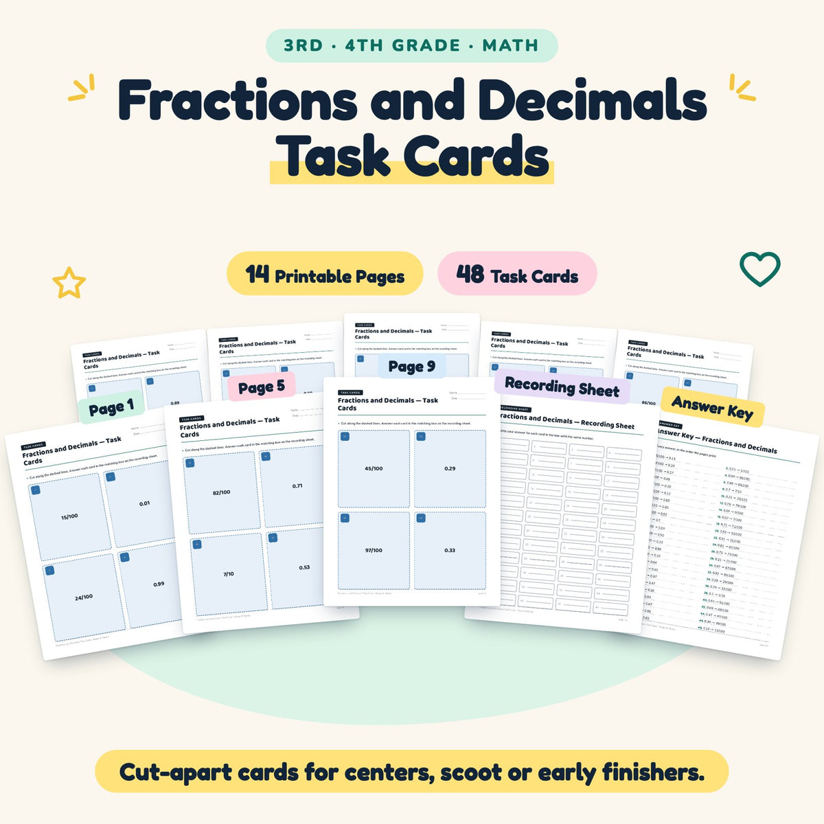 48 Fractions and Decimals Task Cards — cover