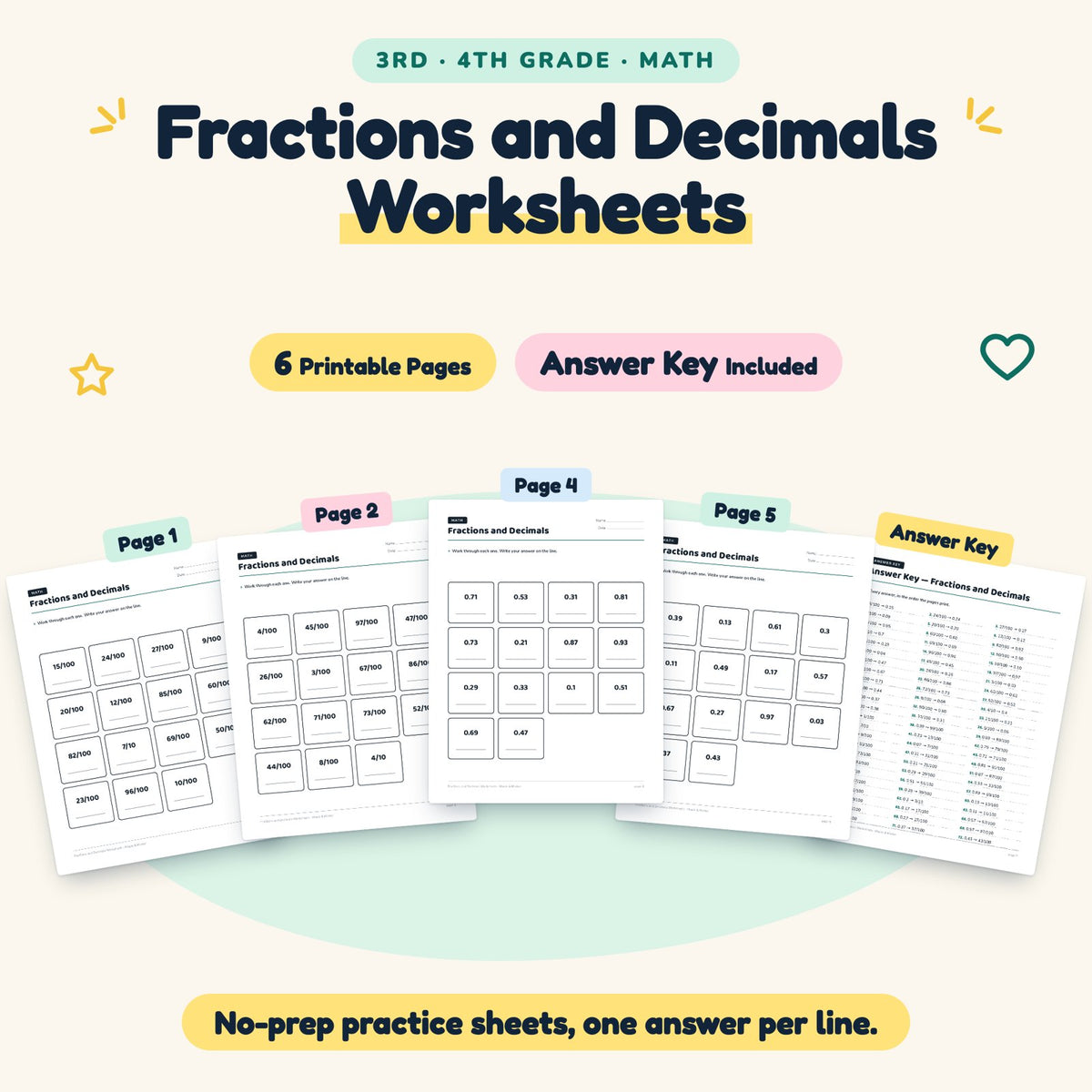 6 Fractions and Decimals Worksheets — cover