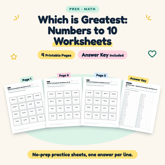 4 Which is Greatest: Numbers to 10 Worksheets — cover