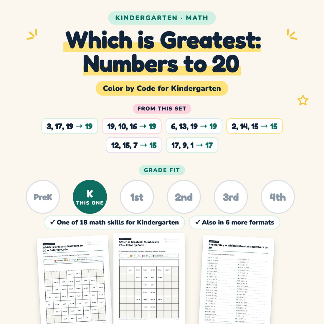 Which is Greatest: Numbers to 20: skill and grade fit