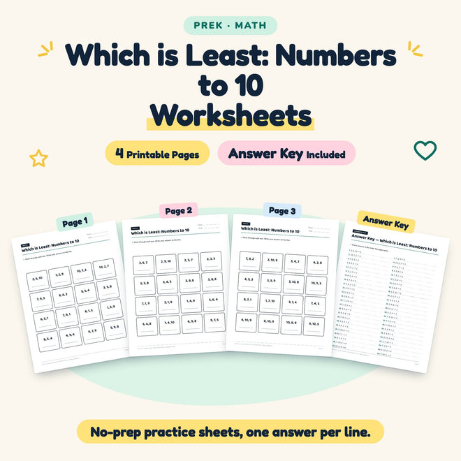 4 Which is Least: Numbers to 10 Worksheets — cover