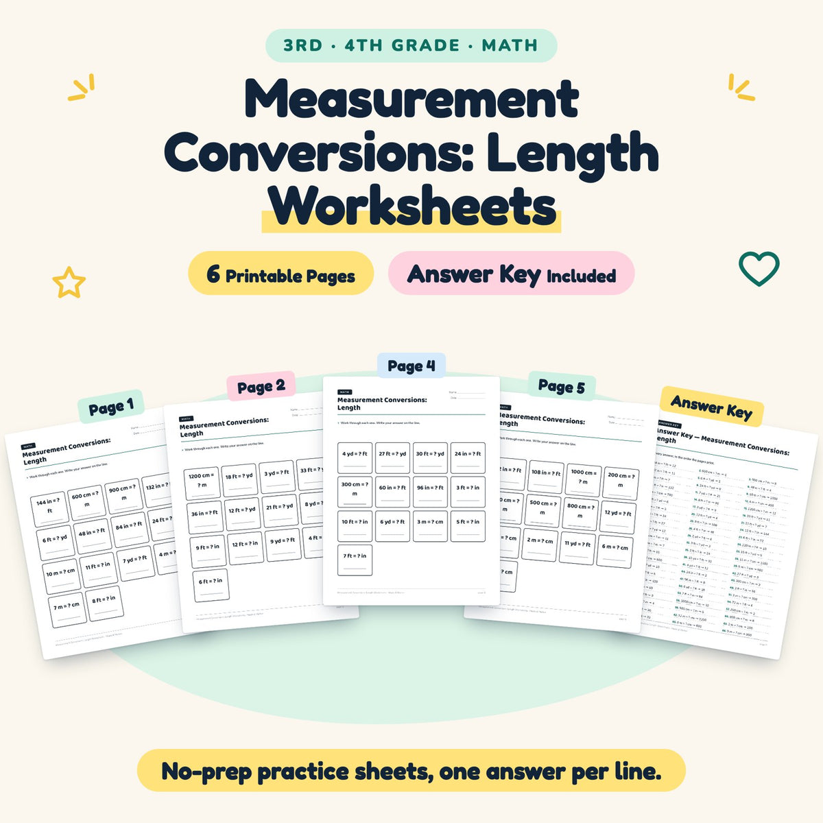 Measurement Conversions Worksheets | 3rd–4th Grade (6 Pages) — cover