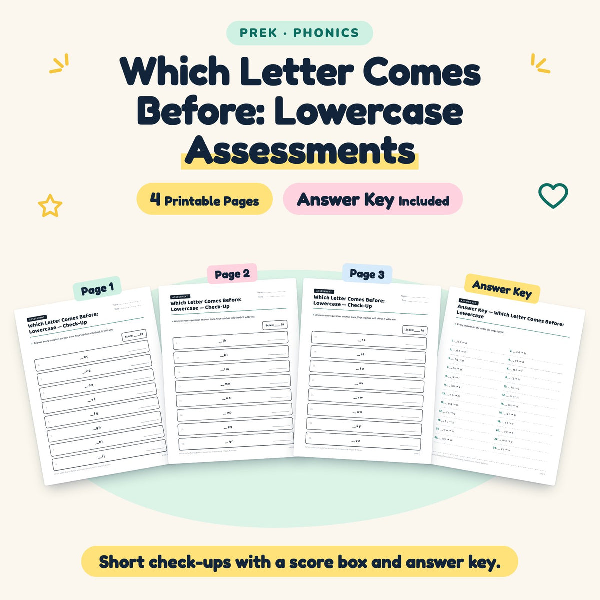 4 Which Letter Comes Before: Lowercase Assessments — cover