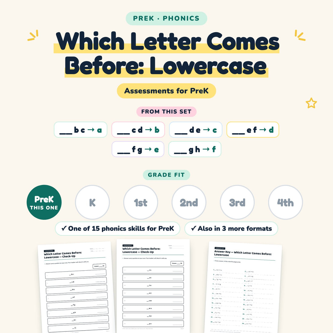 Which Letter Comes Before: Lowercase: skill and grade fit