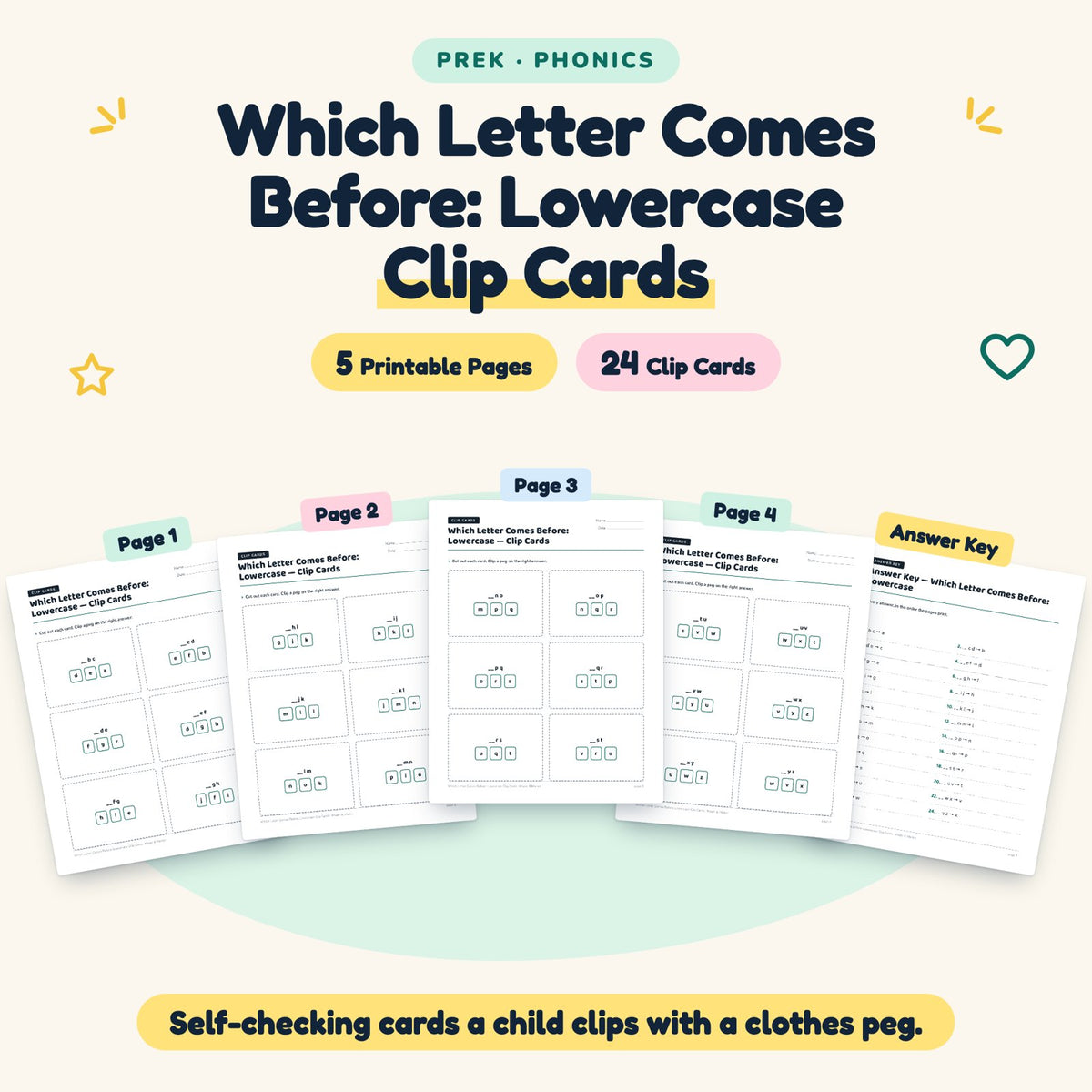 24 Which Letter Comes Before: Lowercase Clip Cards — cover