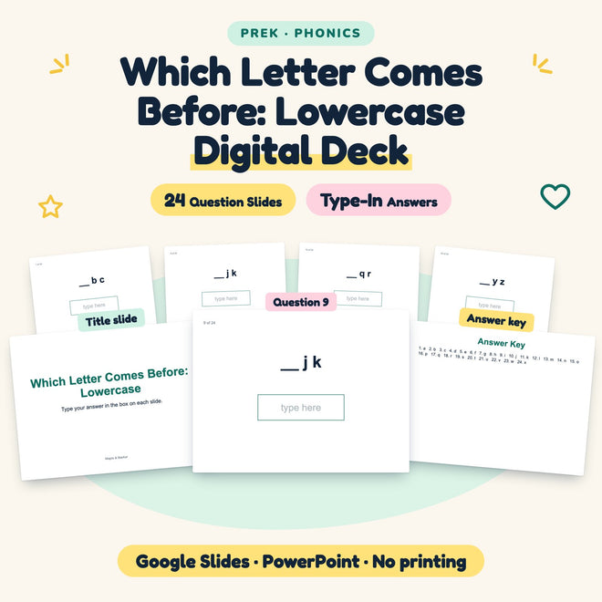 24 Question Which Letter Comes Before: Lowercase Digital Deck — cover