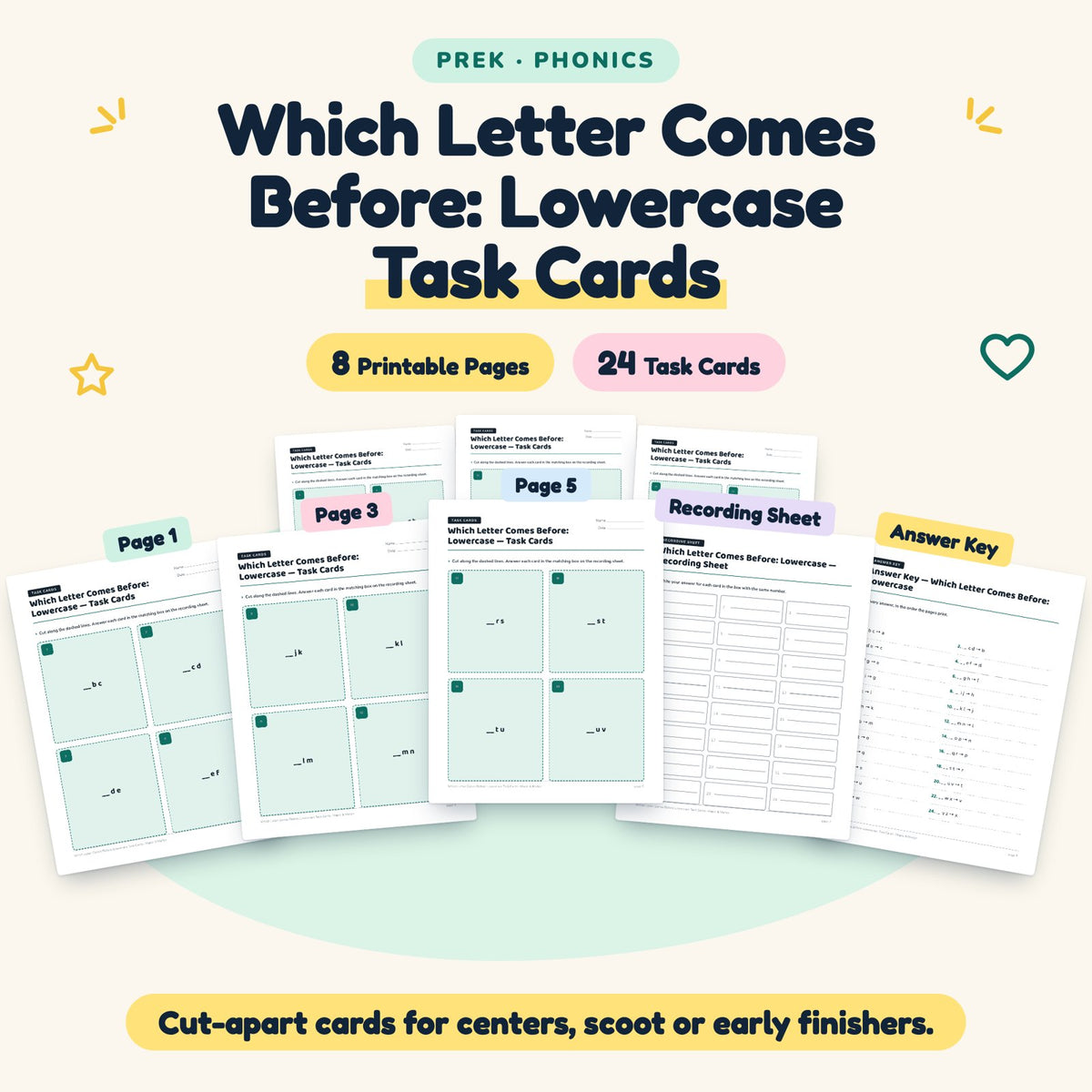 24 Which Letter Comes Before: Lowercase Task Cards — cover