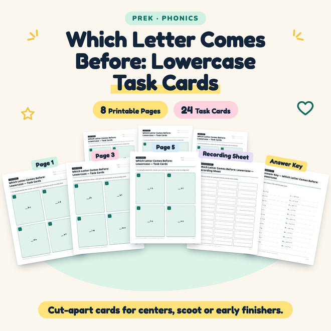 24 Which Letter Comes Before: Lowercase Task Cards — cover