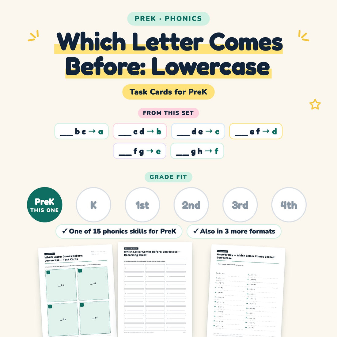 Which Letter Comes Before: Lowercase: skill and grade fit