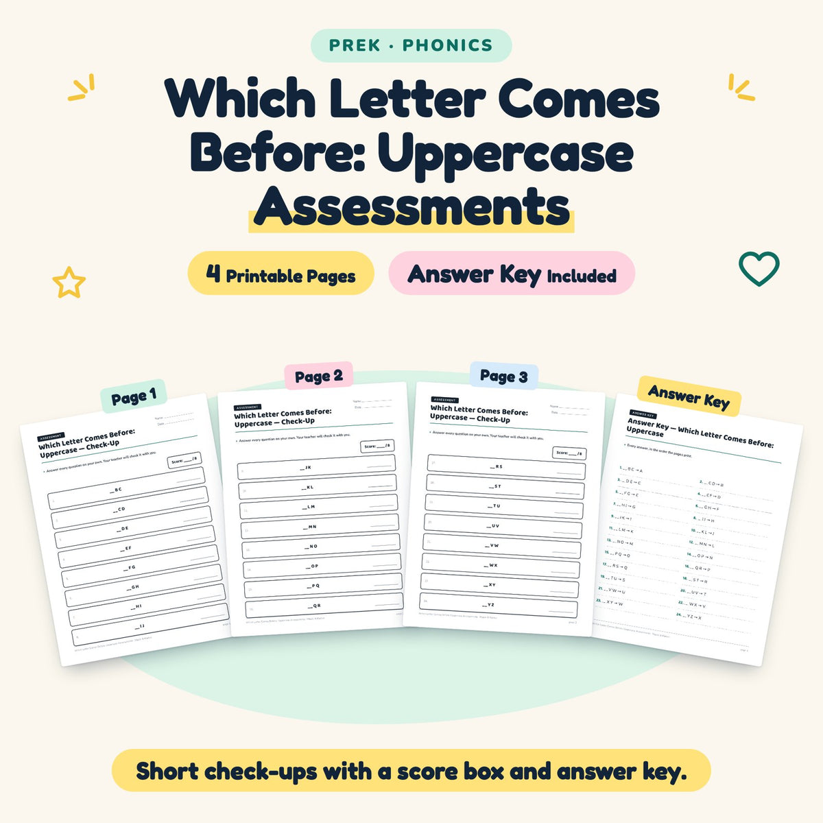 4 Which Letter Comes Before: Uppercase Assessments — cover